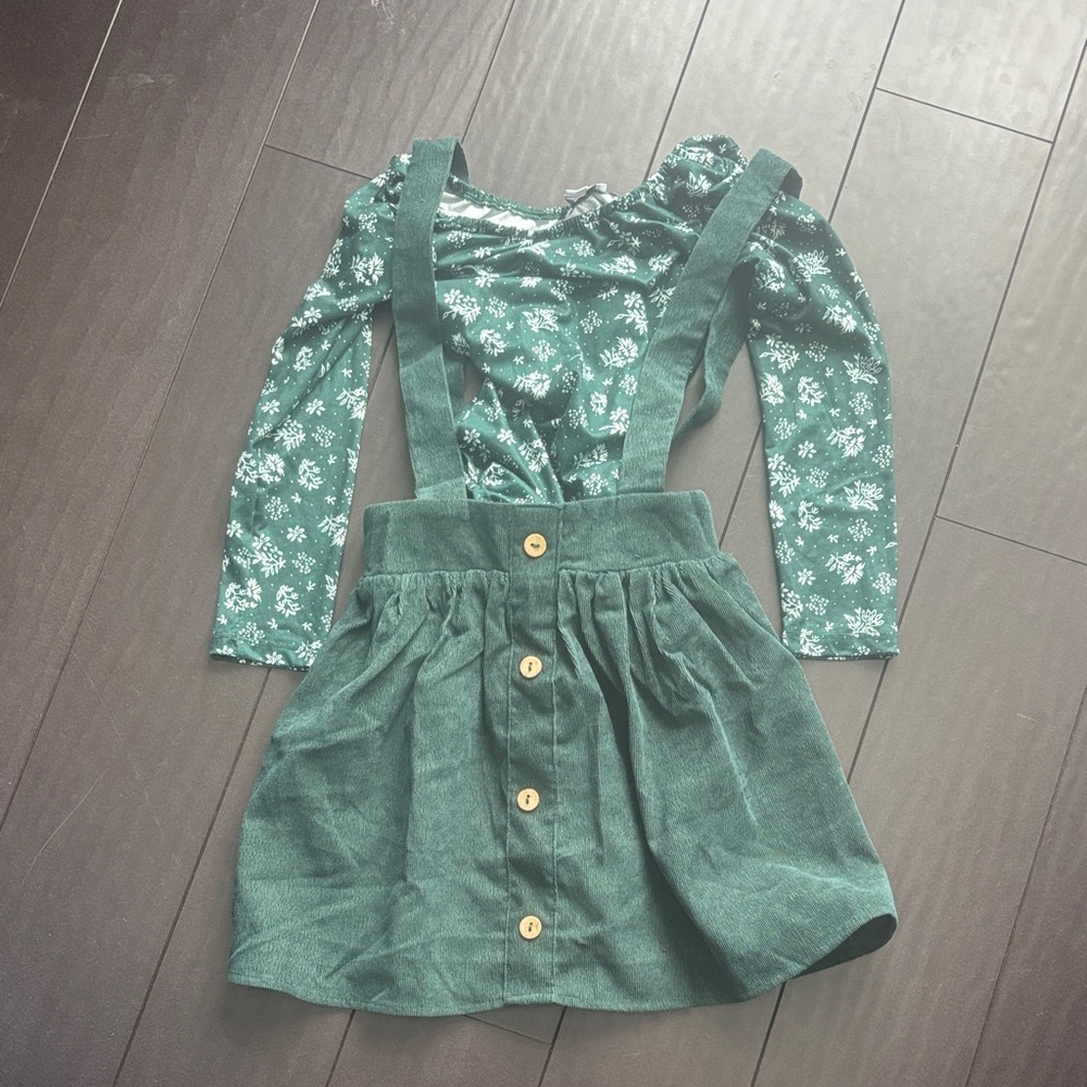 Bailey's Blossoms Green Pinafore Textured Corduroy Dress 5T & Leotard Top